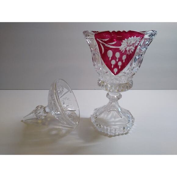 Ruby Flash Glass Compote Red Cranberry Vintage Pattern Candy Dish & Lid Holidays - Picture 7 of 12